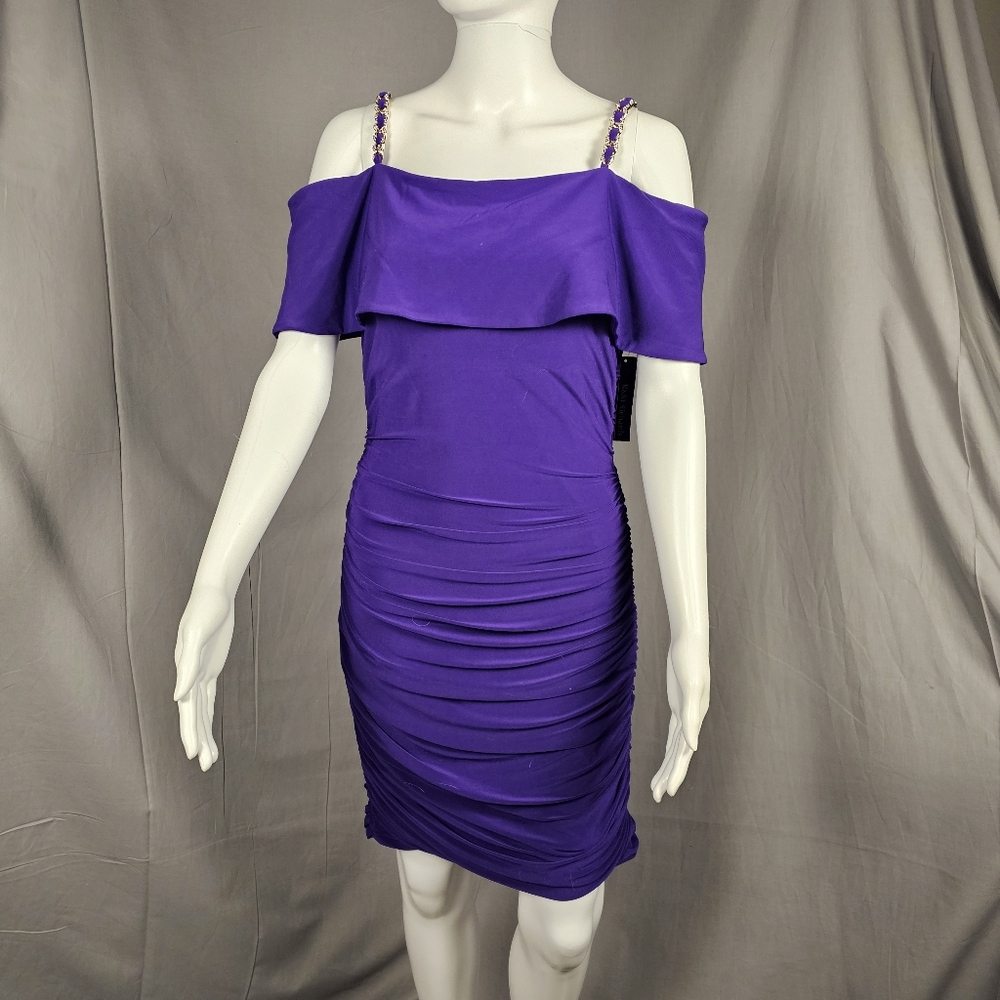R&M Richards Cold Shoulder Rhinestone Strap Dress in Iris, size 8